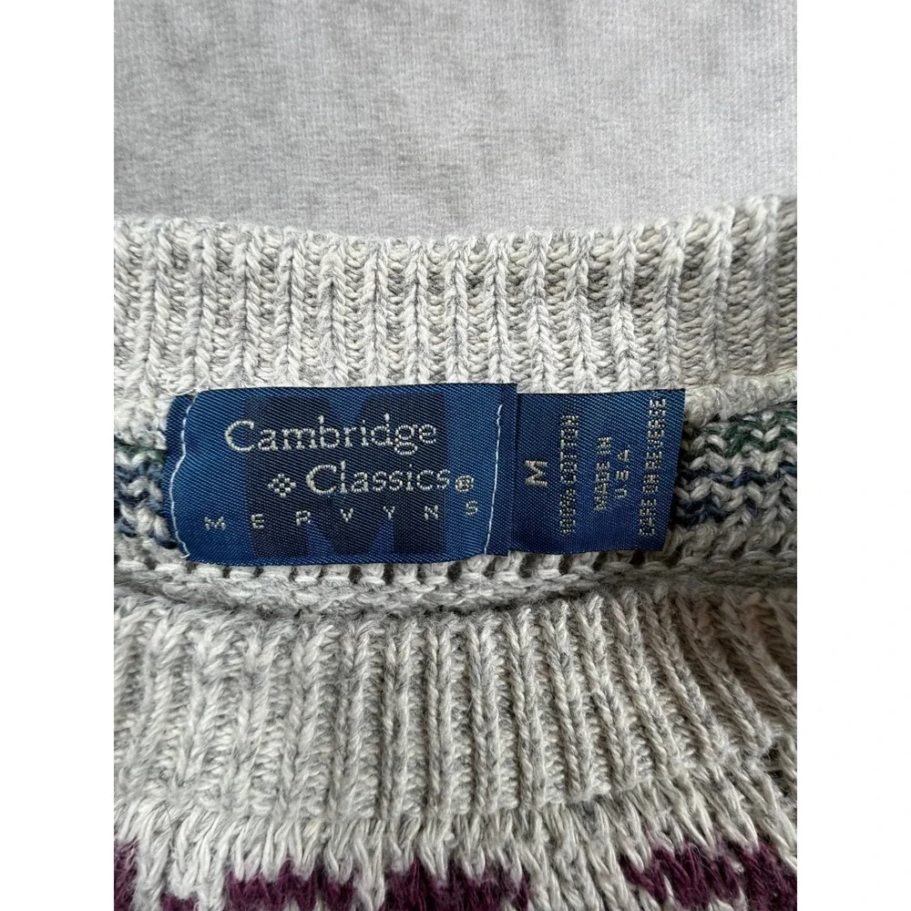 Cambridge Classics Vintage 90s Mens Medium Sweater Gray Fair Isle Ramie Cotton
